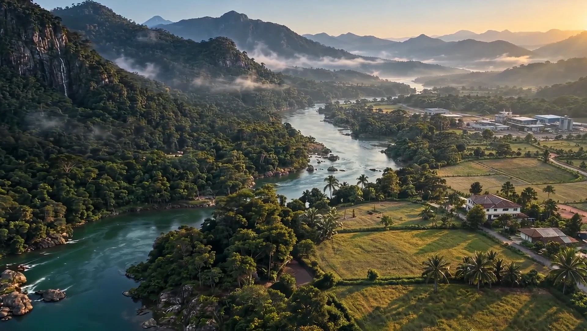 Vegetação nativa, rio e áreas rurais